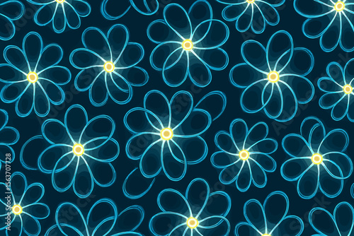 Seamless neon daisy pattern with glowing blue petals on dark background