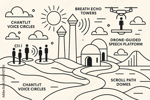 Line art scene of futuristic communication zones with labeled features