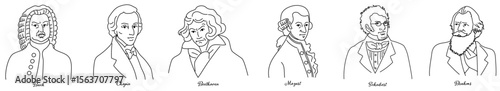 Vector line art set of six famous classical composers portraits - Bach, Chopin, Beethoven, Mozart, Schubert, Brahms