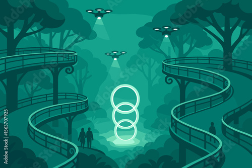 Futuristic forest walkway with drones and glowing rings