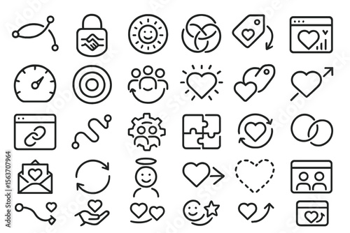 Set of minimalist black love and emotion icons on dark background