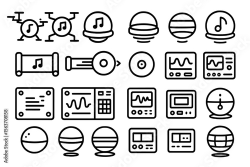 Dark sci-fi icon set featuring musical instruments, data globes, scrolls, and control panels