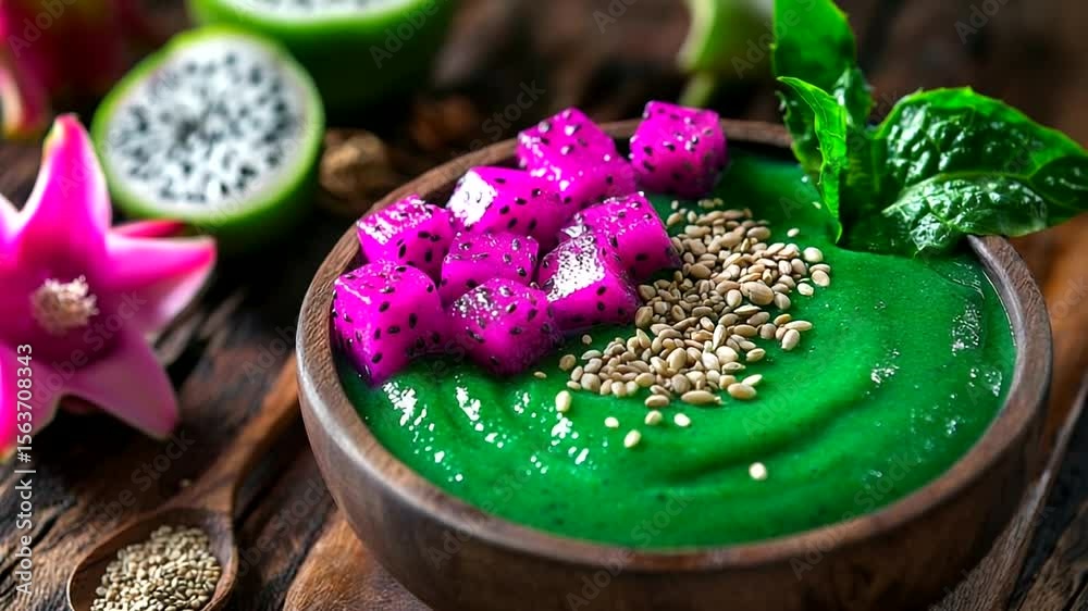 Healthy green smoothie bowl topped with dragon fruit and sesame seeds.