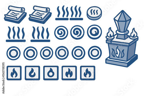 Stylized blue icon set with scrolls, fire symbols, spirals, and altar