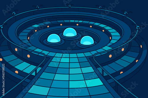 Futuristic spiral structure with glowing domes and drone railings