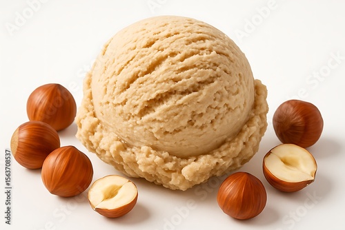 Hazelnut ice cream scoop isolated on white background with hazelnuts