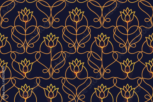Seamless glowing tulip pattern with elegant orange line art on dark background