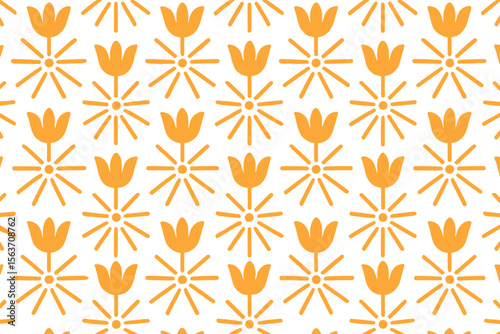 Subtle floral pattern with tulips and radial motifs on a warm orange background