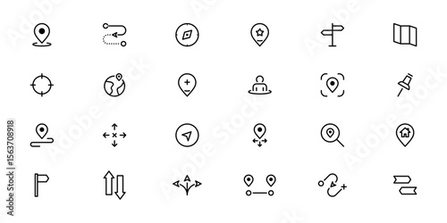 Navigation icon set. GPS symbols. A modern linear icon set for navigation and location. Includes map pins, direction signs, target, compass, route tracking, and user location. Vector illustration.