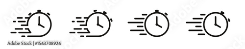 Fast time icon set. Quick time or deadline icon. A dynamic set of speed-themed stopwatch icons showing motion trails. Express service symbol. Stopwatch symbol. Countdown timer. Vector illustration.
