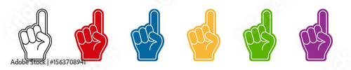 Foam finger icon set. Foam finger fan accessory template.  Number one fan glove, sign of support favorite player or team. Vector illustration.