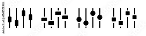 Equalizer icon set. A solid icon set of vertical sliders and equalizer controls. Ideal for music apps, sound mixers, volume settings, audio plugins, and media interfaces. Vector illustration.