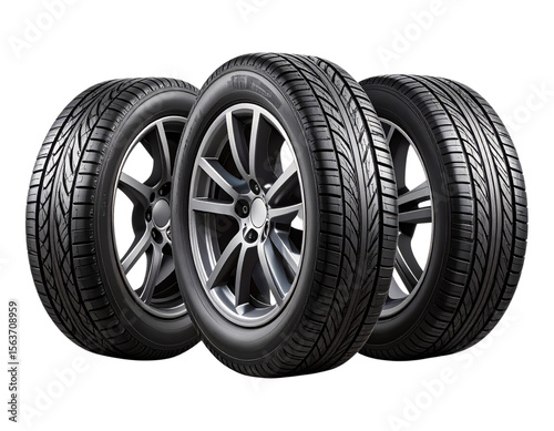 Three Car Tires Rolling in Motion Blur Effect, isolated on transparent background. 