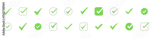 Check mark icon set. Green check mark symbol. Correct vote choice. Ideal for UI design, app confirmation states, task lists, forms, surveys, and validation messages. Vector Illustration.