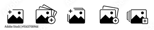 Add photo icon set. A UI-focused icon set showing variations of adding an image or photo to a gallery or post.  Vector illustration.