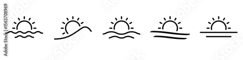 Rising sun icon set. A minimalist icon set of the sun rising over water or horizon. Suitable for travel, nature apps, morning, time concepts, relaxation, or scenery UI elements. Vector illustration.
