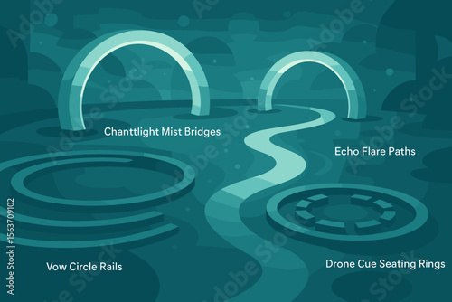 Futuristic teal landscape with arches, rings, and labeled paths