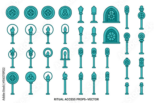 Fantasy ritual props vector set with torches, symbols, and portals