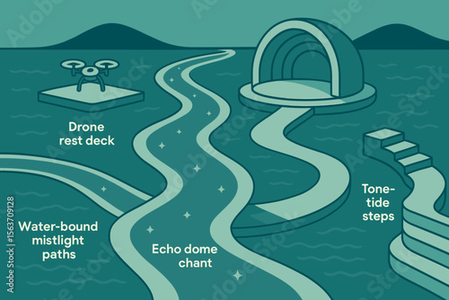 Futuristic water landscape with drone deck and echo dome paths