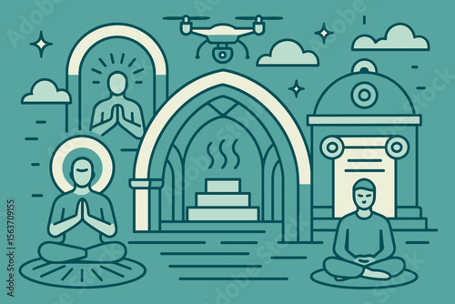 Futuristic meditation scene with drones, archways, and ritual domes