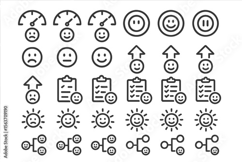 Mood and progress tracking icon set with smileys and checklists