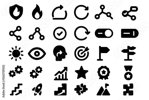 Dark-themed achievement and productivity icon set with symbols for goals and progress