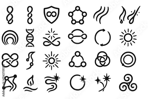 A set of interconnected symbols featuring infinity loops, cycles, DNA-like structures, swirling elements, radiant suns, and abstract patterns, evoking themes of energy, connection, and continuity.