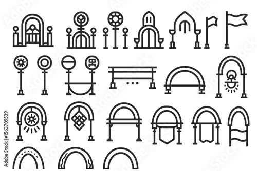 Collection of abstract icons depicting arches, flags, benches, and symbols, evoking a sense of unity and ritualistic pathways.
