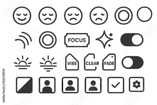 Set of UI icons including emoticons, focus, toggle switch, labels, user profile, and settings.