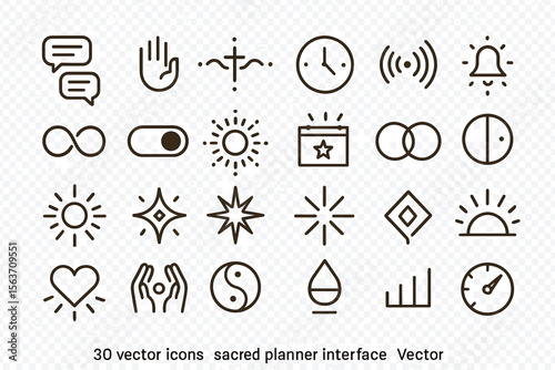 Set of 30 vector icons for a sacred planner interface, featuring symbols like time, sun, moon, heart, and various celestial motifs.