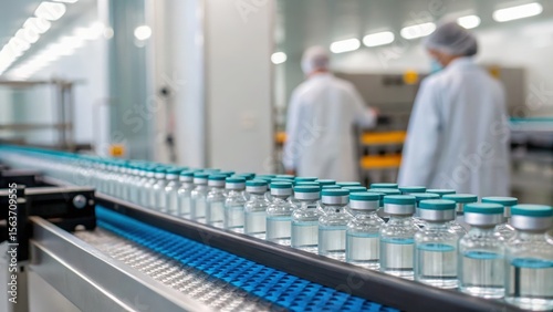 Production line of vaccine vials in a sterile lab environment with workers in protective clothing.