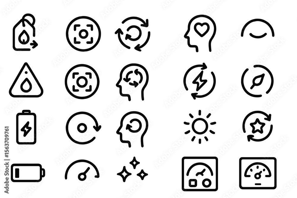 Naklejka premium A collection of minimalist icons representing energy, mindfulness, and self-care, including symbols for hydration, recharge, and emotional balance.