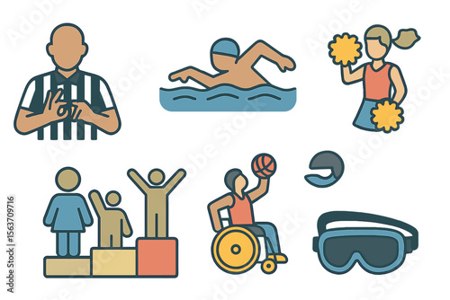 Active sports and competition elements showcase teamwork, inclusivity, and excitement in various athletic activities