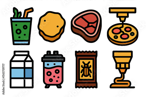 Variety of food and drink items displayed in a colorful and engaging way suitable for a culinary presentation