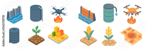 Imagery depicting water management, agriculture, and technology in a vibrant, graphic style showcasing various activities