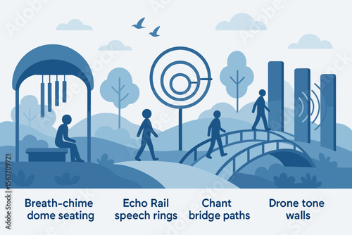 Serene tech-park illustration with labeled sensory paths and sound structures