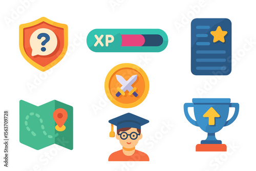 Digital icons representing learning, achievement, and gaming in an educational context with various symbols for engagement and progress