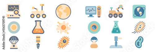 Creative science and technology icons depicting research and exploration in various fields of study