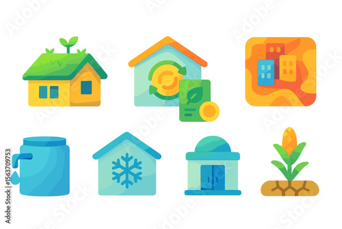 Colorful icons representing sustainable living and eco-friendly practices in various home settings and environments
