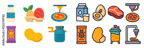 Colorful icons of food and ingredients arranged on a flat surface depict a variety of items including dairy, meat, and snacks