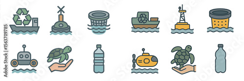 Icons representing ocean conservation and marine life protection efforts in an illustrative style