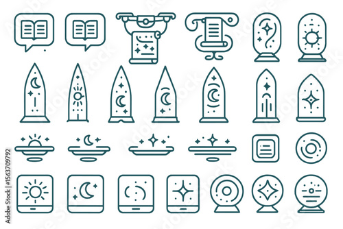 Mystical icons representing books, scrolls, orbs, and celestial elements.