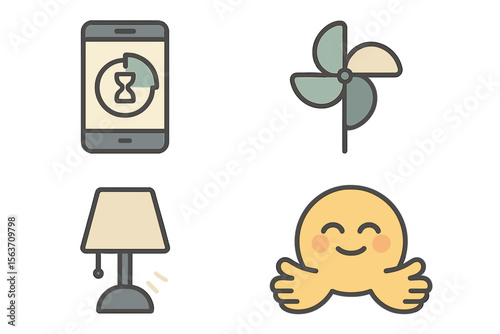 Digital icons representing relaxation, comfort, and home atmosphere in a modern design