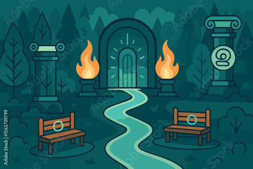 Mystical forest scene with pillars, flaming torches, and a glowing pathway.