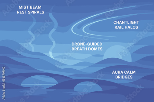 Futuristic tranquil landscape with labeled abstract tech elements