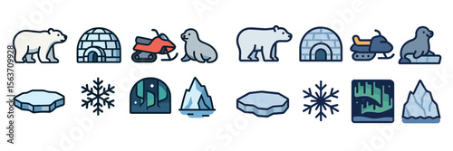 Various Arctic elements including polar bears, igloos, and northern lights depicted through simple icons