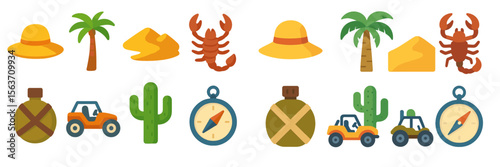 Adventure elements featuring cacti, desert creatures, and gear for explorers in a vibrant outdoor setting