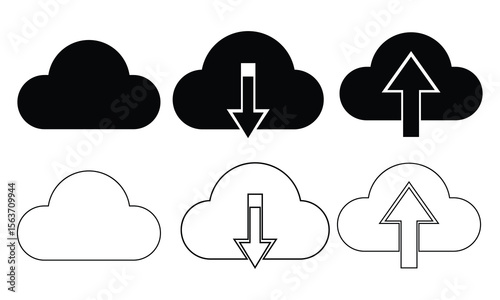Cloud download and upload icon set. Download cloud computing outline and filled vector sign, Upload download cloud arrow vector icons on white background. Vector illustration.