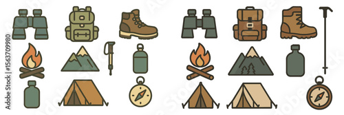 Outdoor camping gear collection featuring backpacks, tents, boots, and camping essentials for a great nature adventure