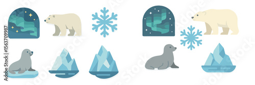Polar animals and Arctic scenery illustrated with vibrant colors and playful designs showcasing their environment